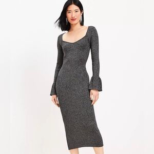 NWT - LOFT Blk/Slv Metallic Stretch Ribbed Trumpet Sleeve Midi Sweater Dress -XL